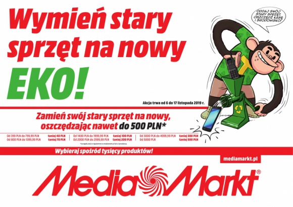 Tysiące produktów w obniżonych cenach w MediaMarkt BIZNES, Konsument - Nie warto czekać z wymianą sprzętu na nowocześniejszy. Już 6 listopada w MediaMarkt startuje akcja promocyjna pod hasłem „Wymień stary sprzęt na nowy eko”, dzięki której będzie można kupić tysiące produktów w znacznie obniżonych cenach. Promocja potrwa do 17 listopada.