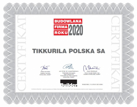 Tikkurila z tytułem „Budowlanej Firmy Roku 2020” Firma, BIZNES - Tikkurila Polska S.A. po raz kolejny znalazła się w gronie najlepszych firm w branży budowlanej, a Remigiusz Skąpski, Prezes Zarządu, uhonorowany został tytułem „Osobowość Branży 2020”.